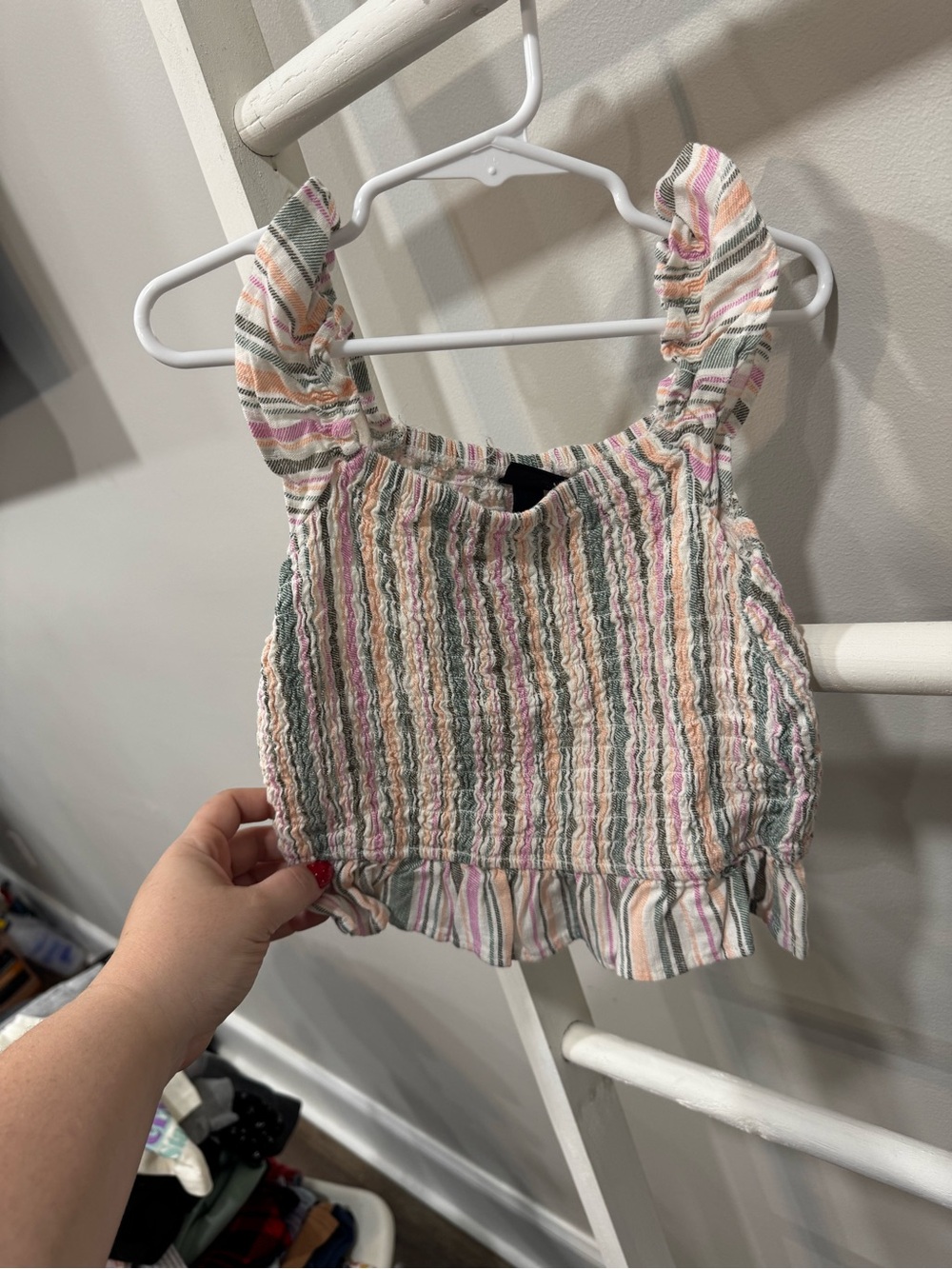 Smocked Ruffle Tank Top in Pastel Stripe